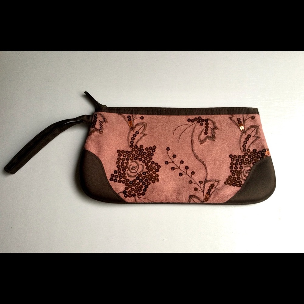 Suede Sequined and Embroidered Zippered Clutch